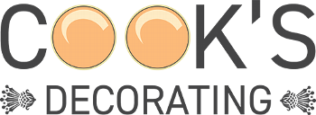 the logo for Cook's Decorating - a dark grey typeface with orange paint buckets from above for the O's